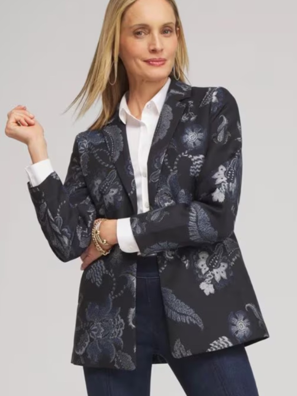 NWOT Chico's Navy Blue Floral Jacquard Blazer Women's Size M Office Career Wear